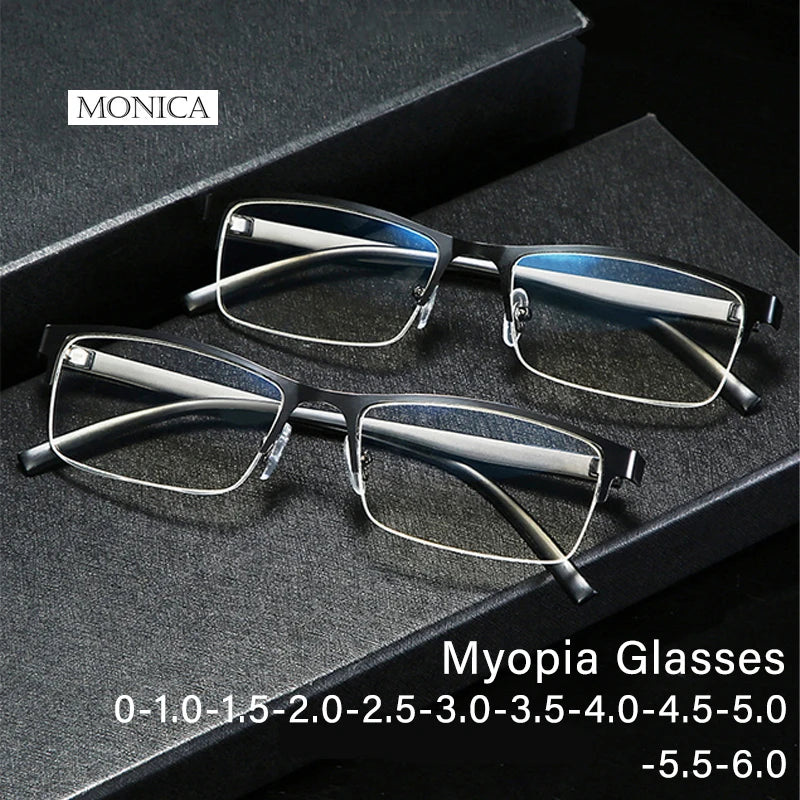 2024 Femlion Half Frame Myopia Glasses Ultra Light Black Blue -100 To -600