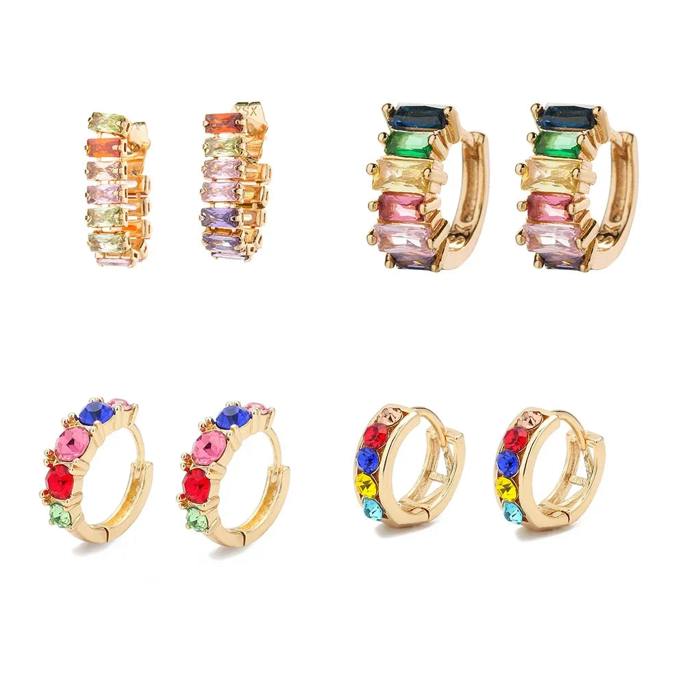 Femlion Crystal Hoop Earrings - Colorful Geometric Circle Huggie for Women