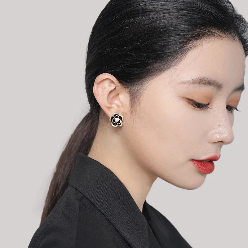 Femlion Black Camellia Flower Stud Earrings: Elegant Jewelry for Woman and Girls