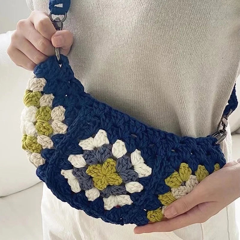 Femlion Bohemian Granny Square Crossbody Bag Knitted Messenger Small Phone Purse