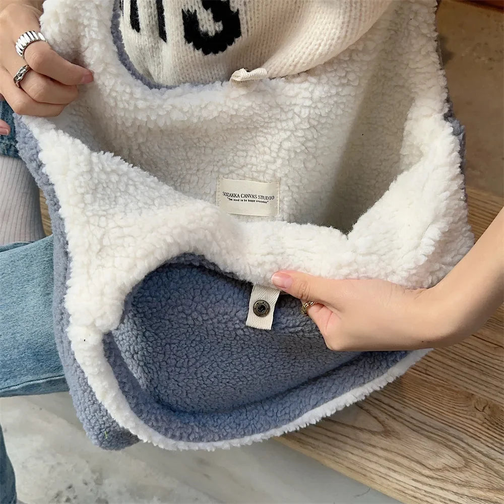 Femlion Plush Reversible Shoulder Bag: Warm Winter Handbag for Girls, Cute Lamb Like Cloth