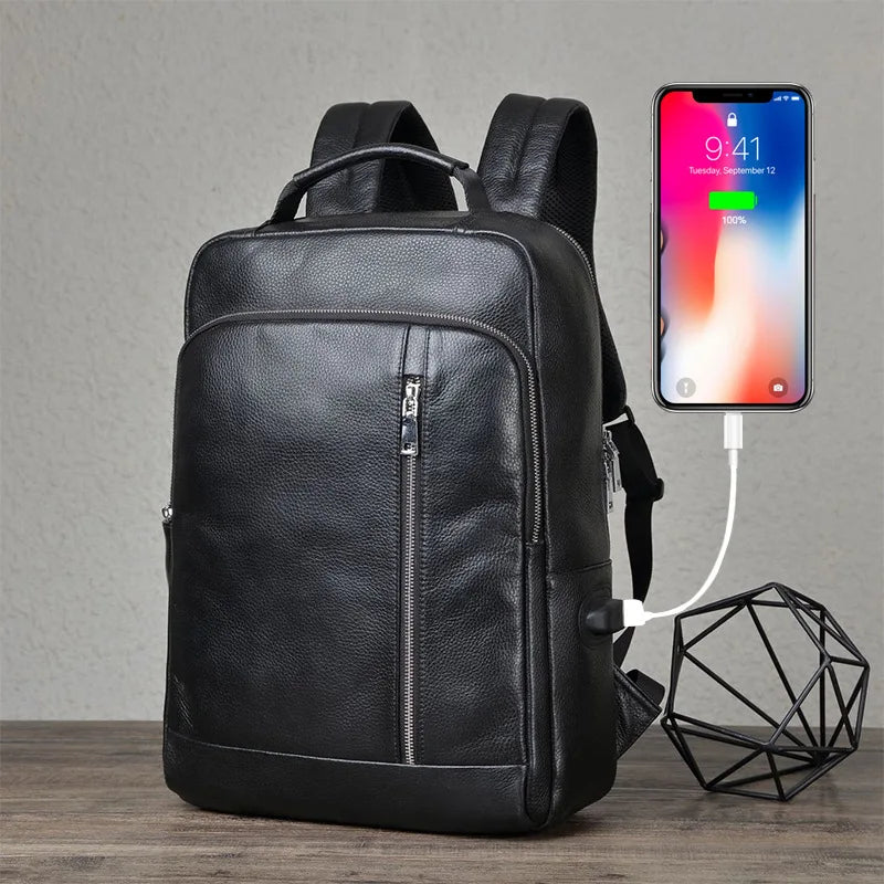 Femlion 15.6" Genuine Leather Laptop Backpack with USB Charge Port, Waterproof, Fashionable and Stylish