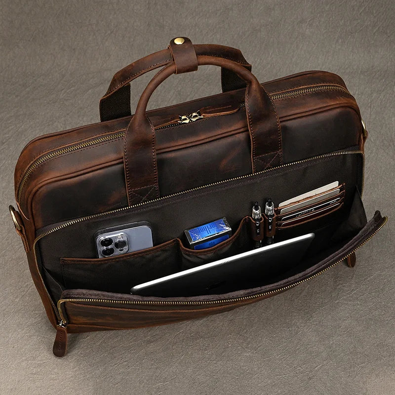 Femlion Leather Men's Business Laptop Briefcase 15.6" - Cowhide Male Doctor Lawyer Bag