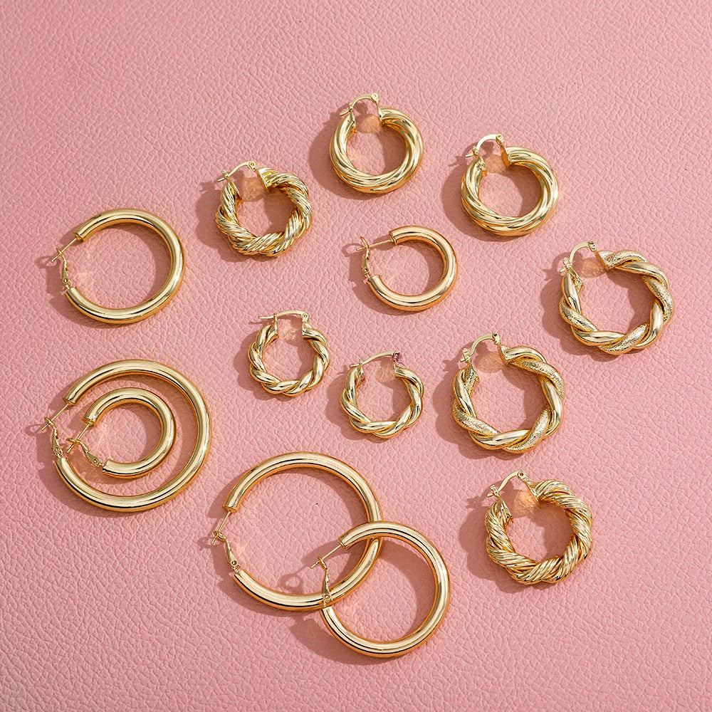 Femlion Geometric Twisted Thick Hoop Earrings - Fashion Gold Circle Earrings