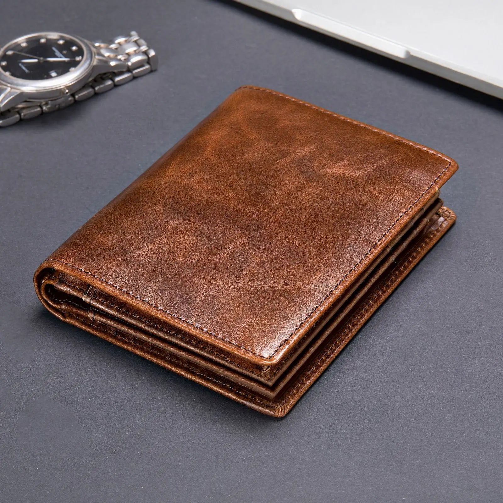 Femlion Genuine Leather Travel Wallet - Men's RFID Card Clip Purse with Coins Slot