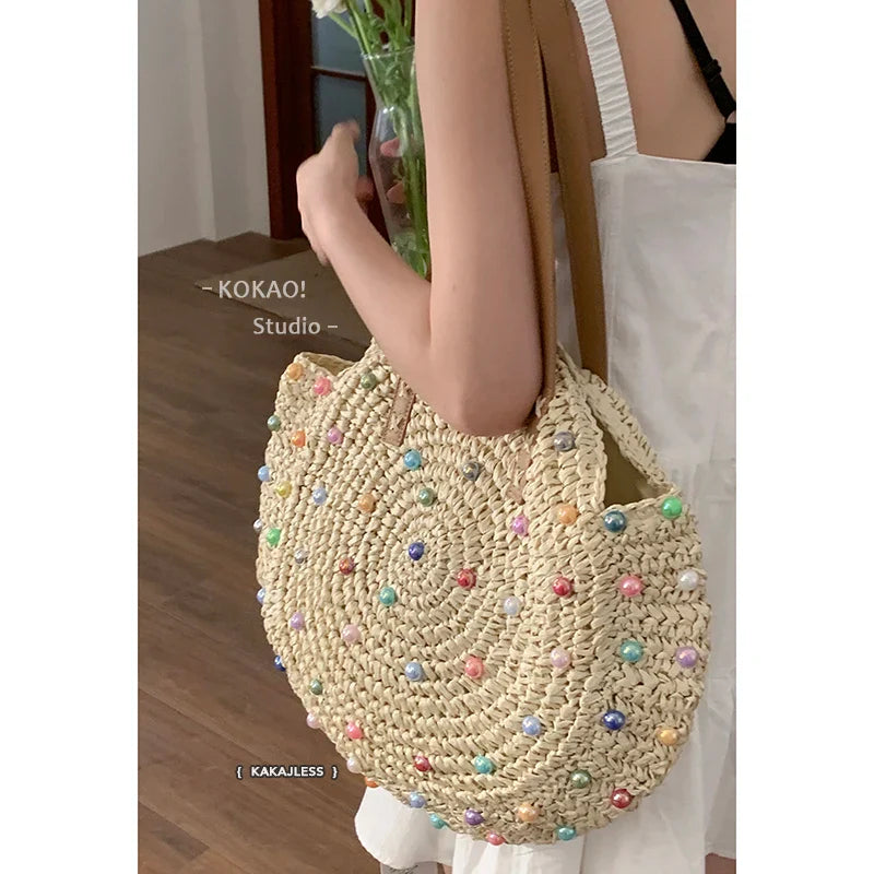 Colorful Diamond Grass Woven Tote Bag with Large Capacity by Femlion for 2024