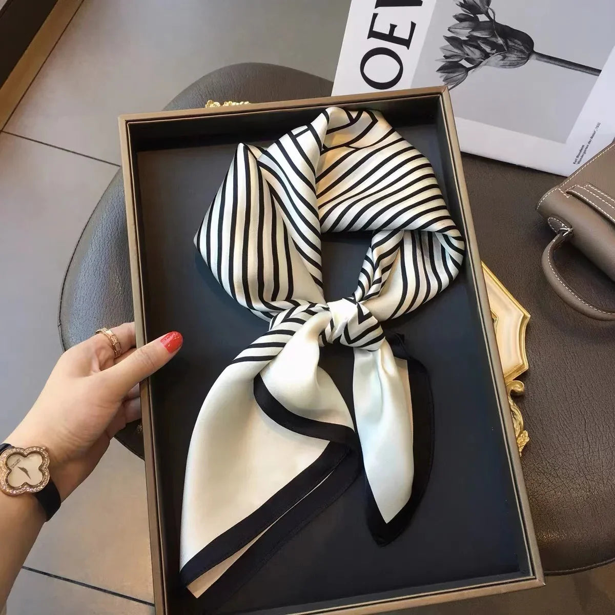 Femlion Luxury Silk Black & White Stripes Square Scarf Echarpe Bandana