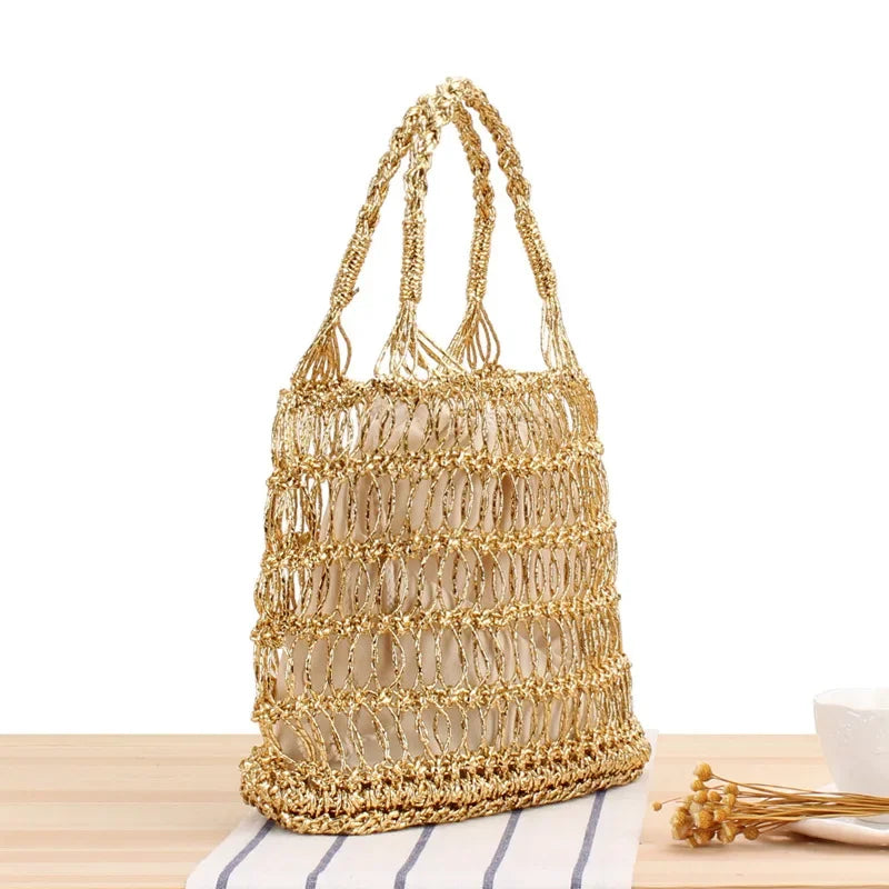 Femlion Gold & Silver Thread Woven Beach Straw Bag - Trendy Vacation Style