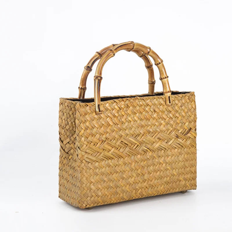 Femlion Nordic Seaweed Woven Bag with Bamboo Handle for Casual Style