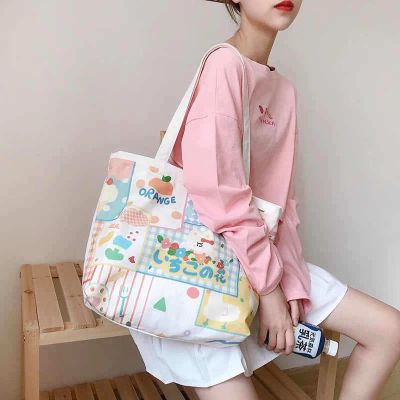 Femlion Cartoon Print Shoulder Bag: Cute Canvas Handbag Tote for Women