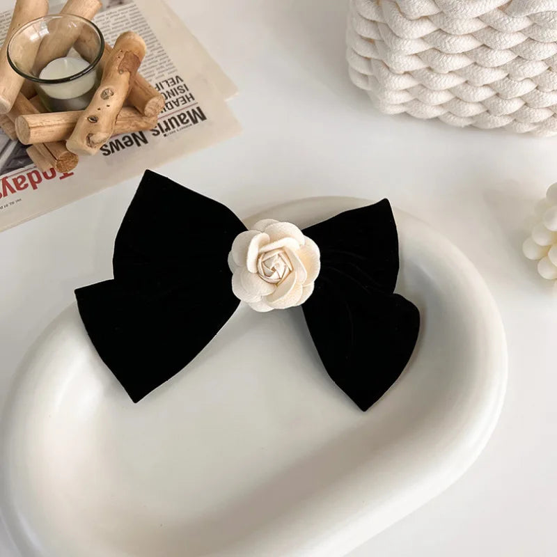 Femlion Black Velvet Hair Bows Clips with White Flower Accent