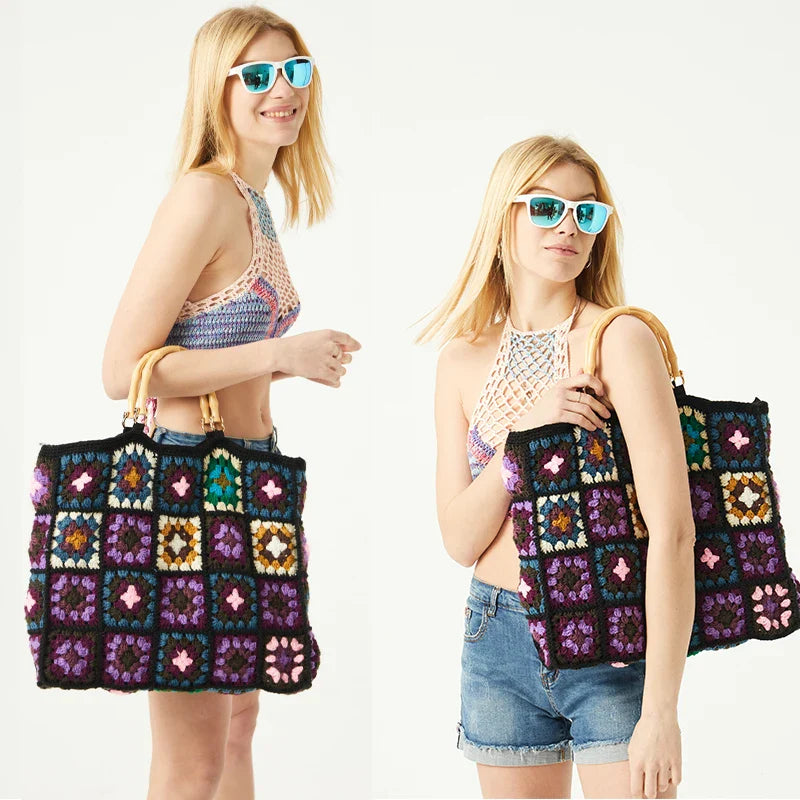 Femlion Vintage Crochet Granny Square Tote with Bamboo Handles