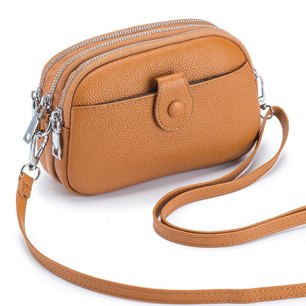 Femlion Leather Mini Shoulder Bag with Three Zipper Pockets