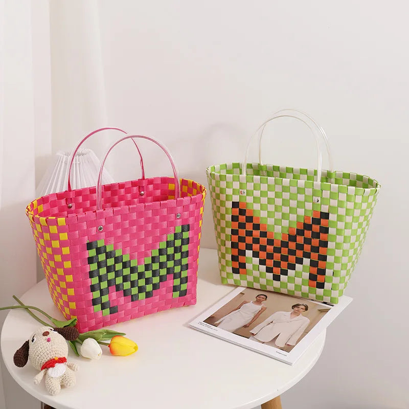 Femlion Color Woven Hand-Held Vegetable Basket Bag Shopping Women's Bag