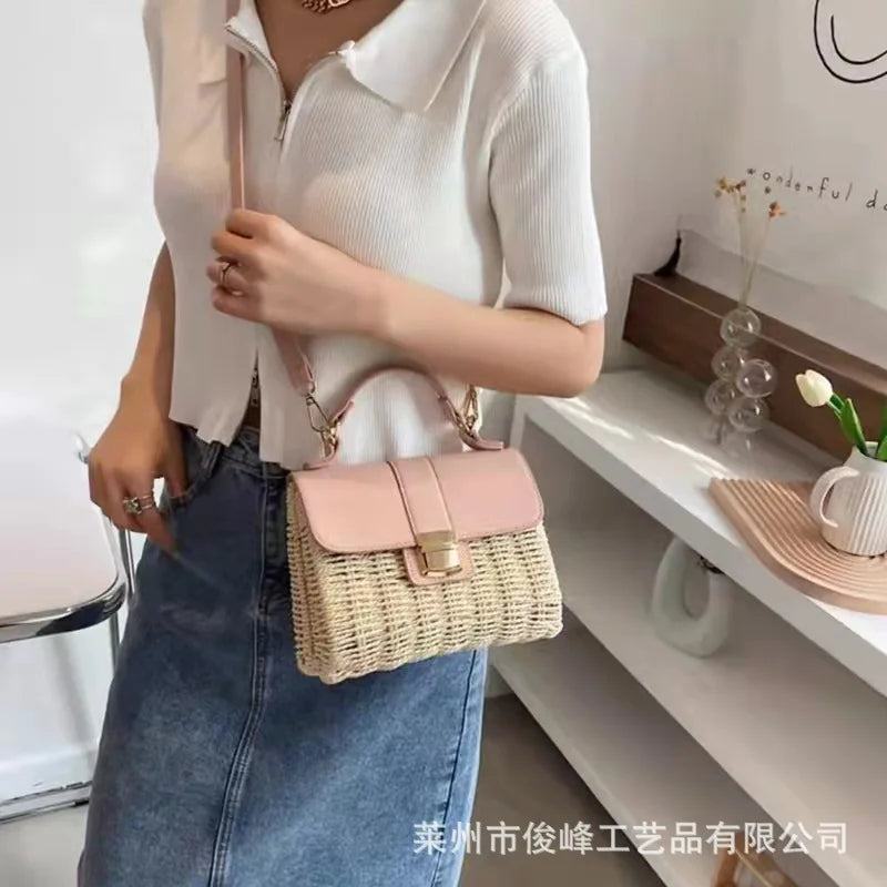 Femlion Bamboo Woven Straw Bag Cover Chain Square Beach Fashion Bag