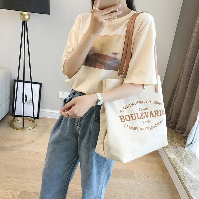 Femlion Letter Canvas One-Shoulder Bag Large Leisure Shopping Bag