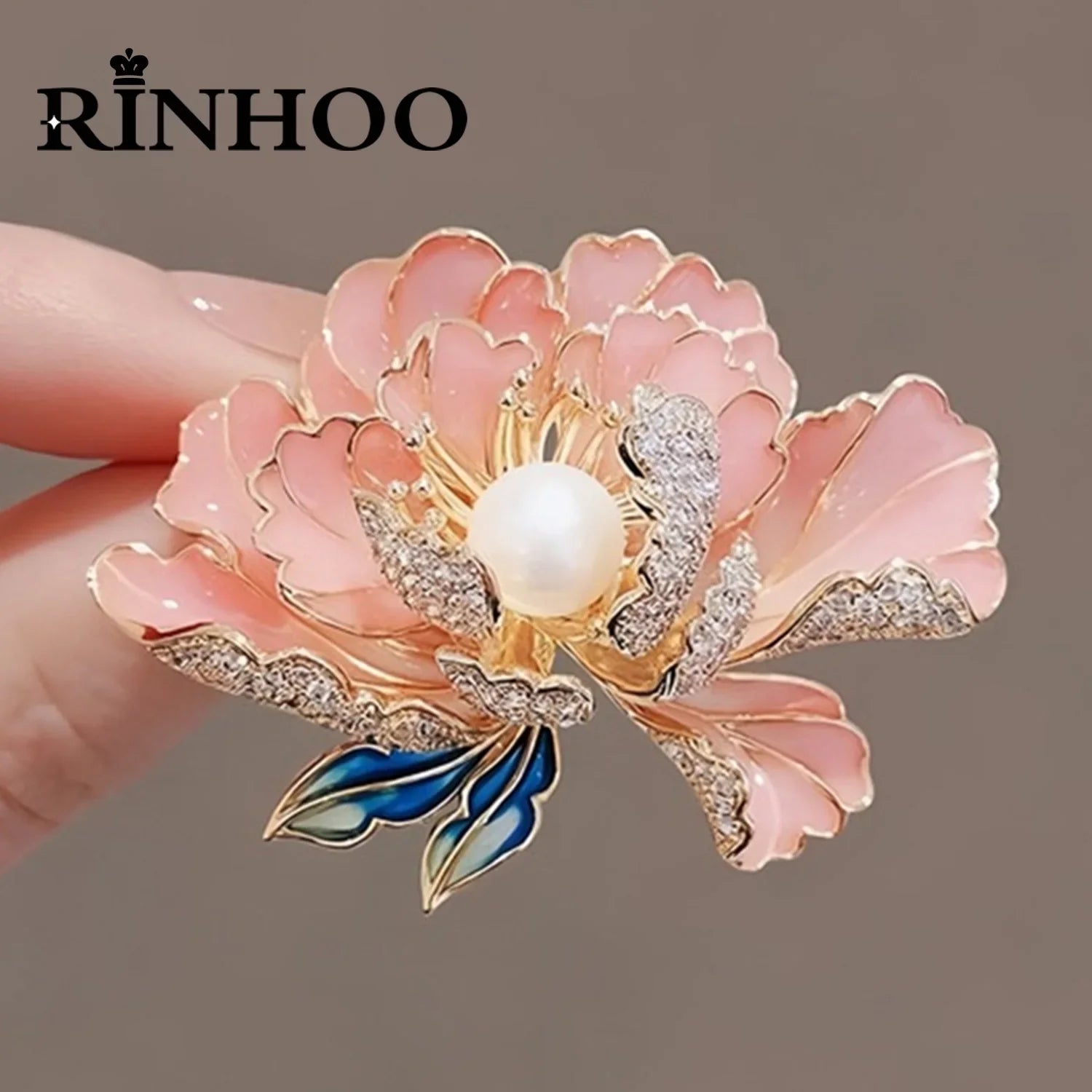 Femlion Peony Flower Brooch Imitation Pearl Pins Enamel Badge Elegant Lady Jewelry