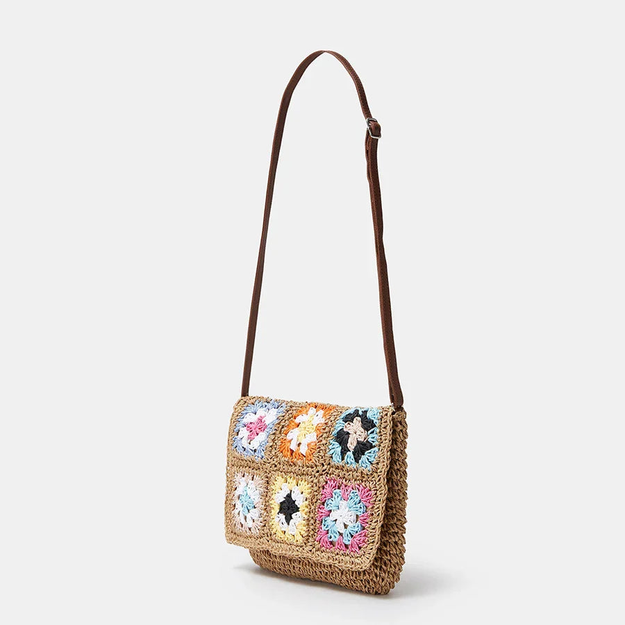 Femlion Boho Granny Square Straw Crossbody Bag: Handmade Summer Beach Purse