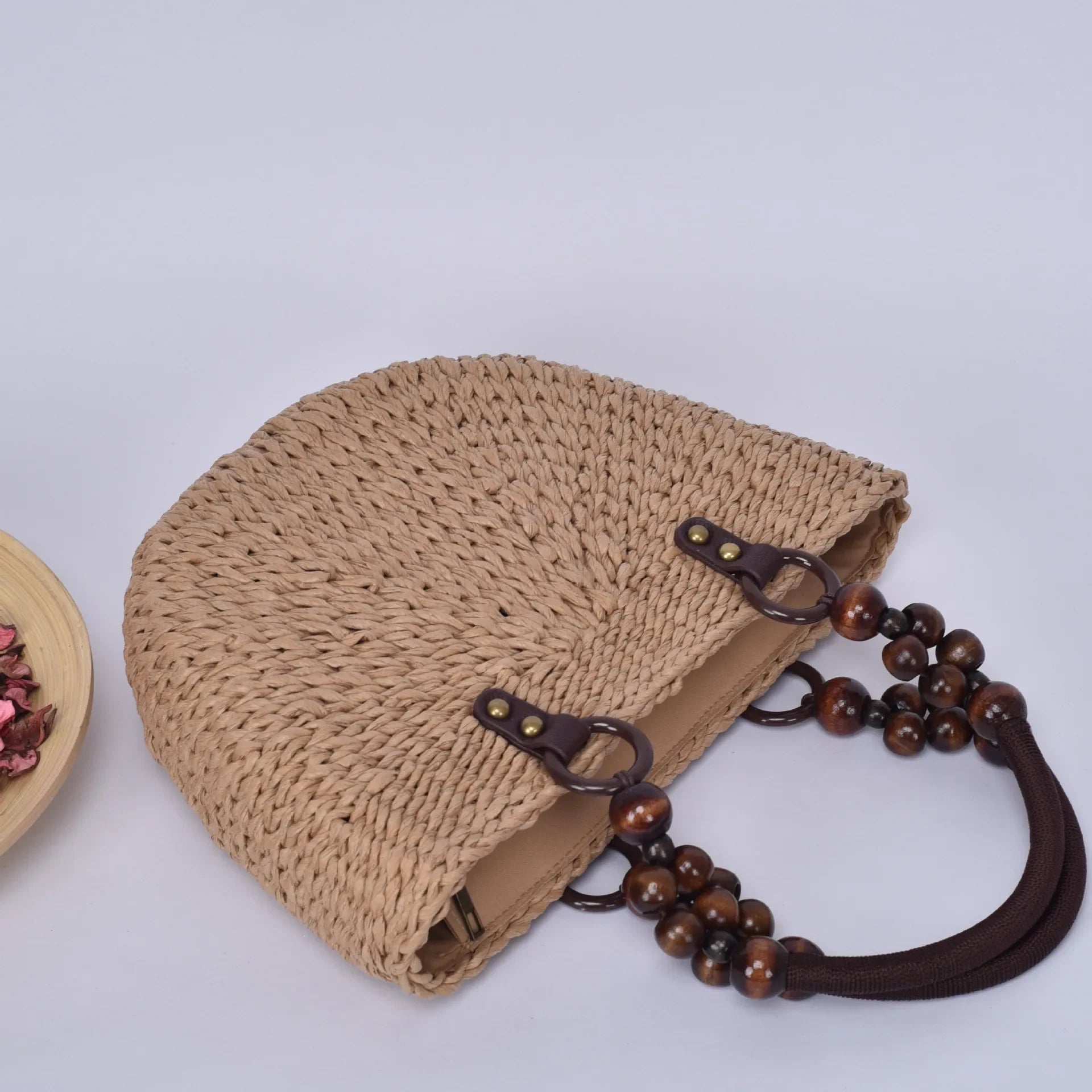 Femlion Handmade Grass Woven Wood Bead Tote Bag