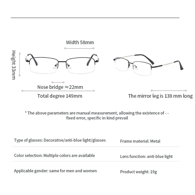 Femlion Metal Half-frame Myopia Glasses Anti-blue Light Goggles - Diopter Range Available