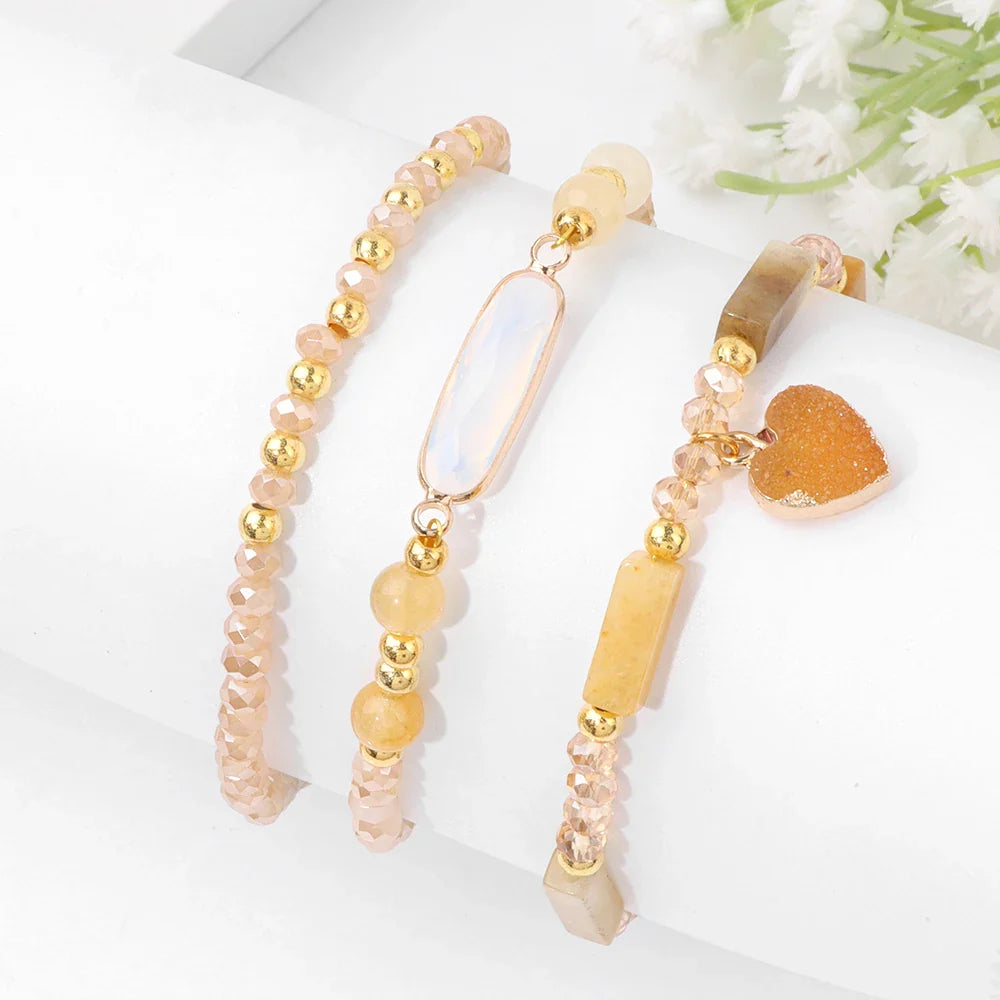 Femlion Heart Charm Crystal Beads Bracelet Set - 3Pcs Natural Stone Bangles