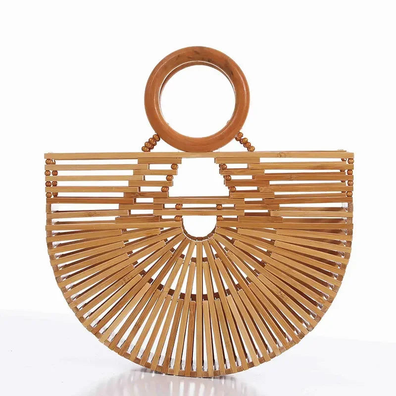 Femlion Bamboo Beach Basket Bag - Hand-held Half Round Design