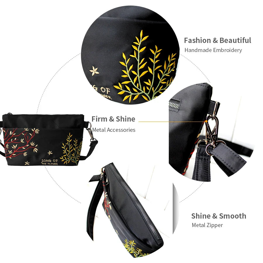 Femlion Black Nylon Cloth Flower Princess Crossbody Messenger Clutch Shoulder Bag