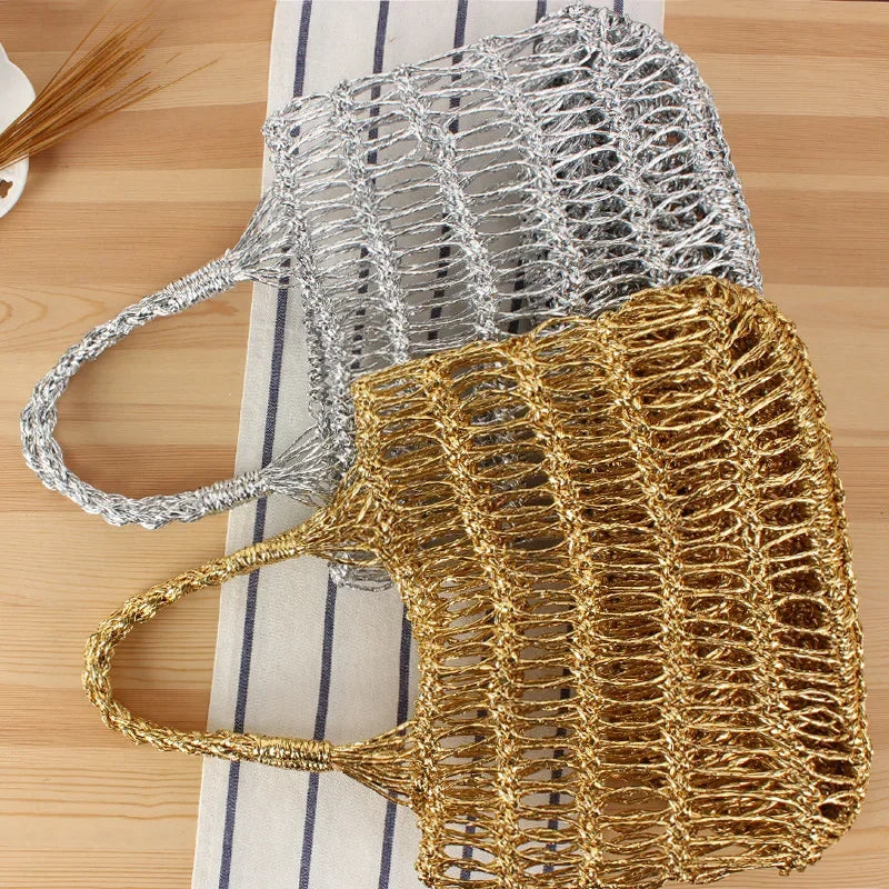 Femlion Gold & Silver Thread Woven Beach Straw Bag - Trendy Vacation Style