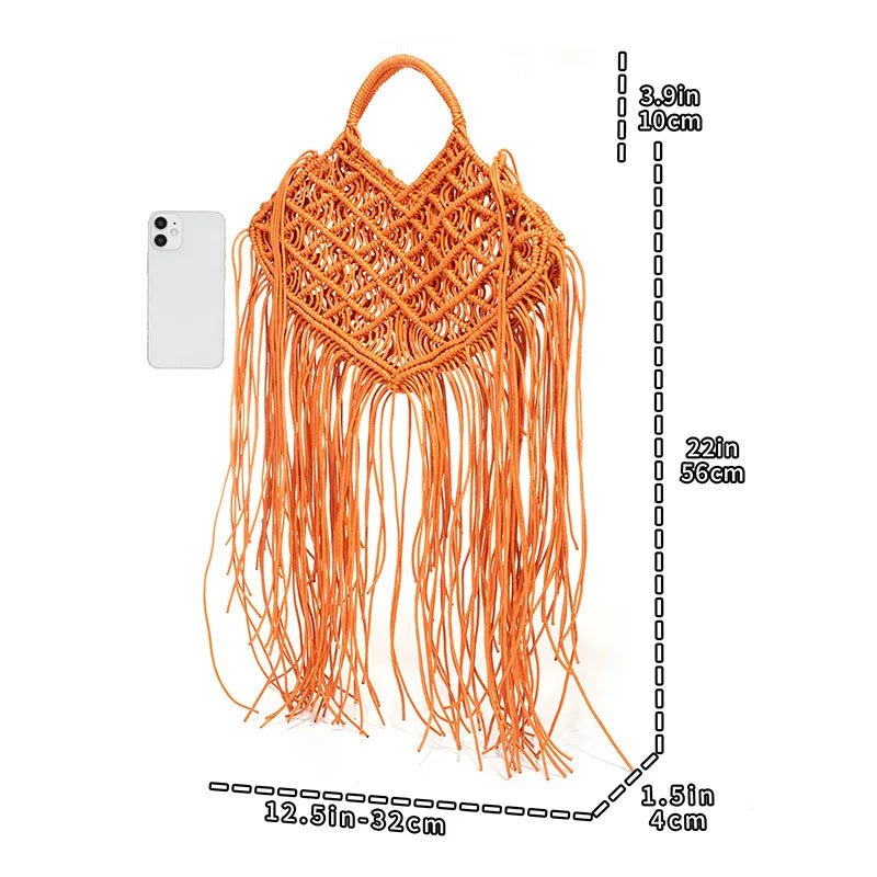 Femlion Tassel Straw Woven Shoulder Bag, Luxury Brand Handmade Cotton Rope Purse