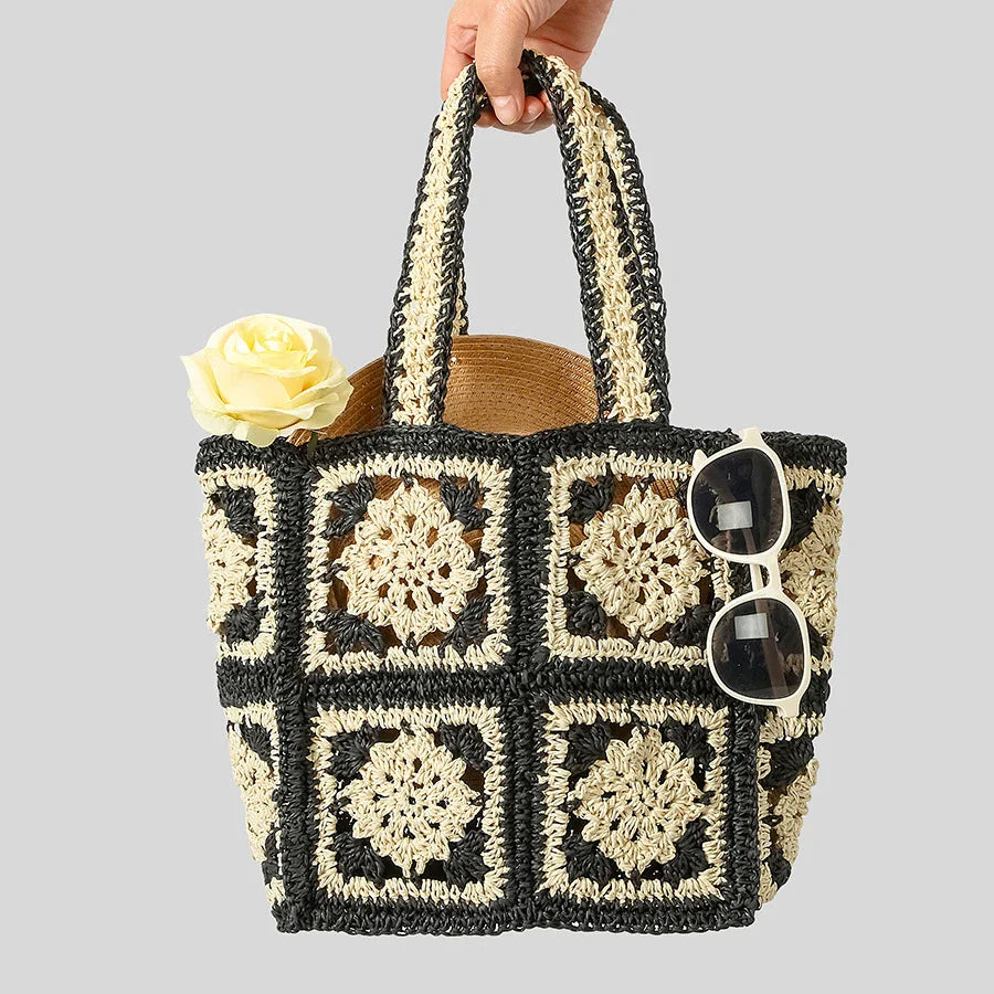 Femlion Boho Granny Square Tote Bag: Handmade Straw Women's Shoulder Purse