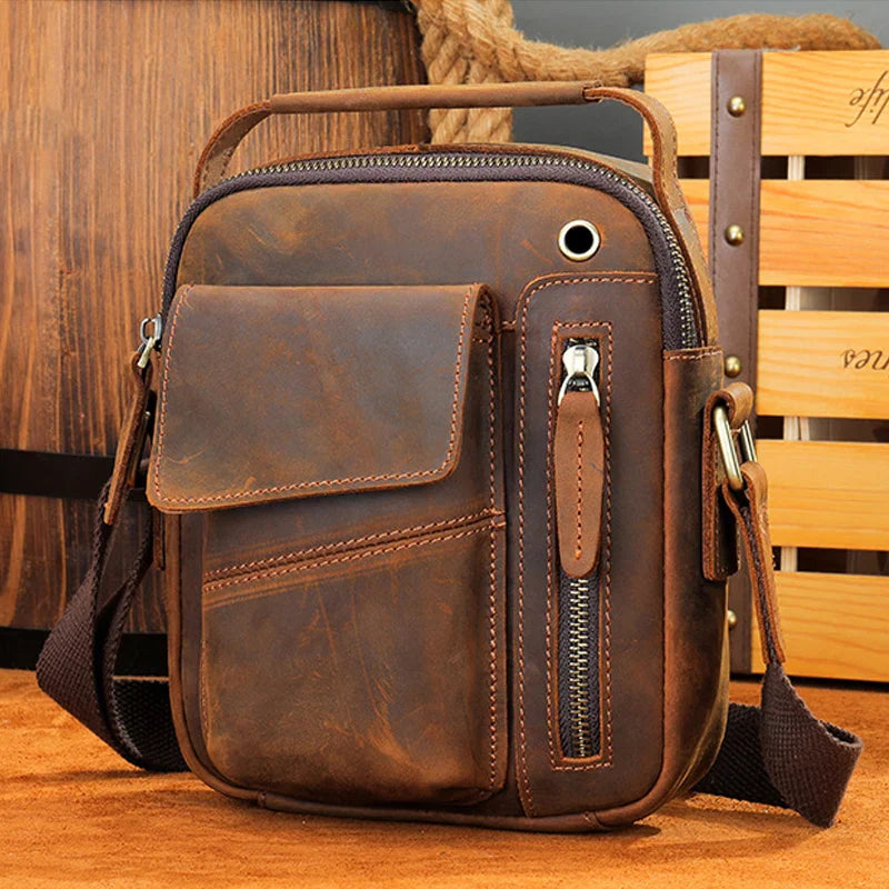 Femlion Retro Fashion Mini Leather Crossbody Bag for Men