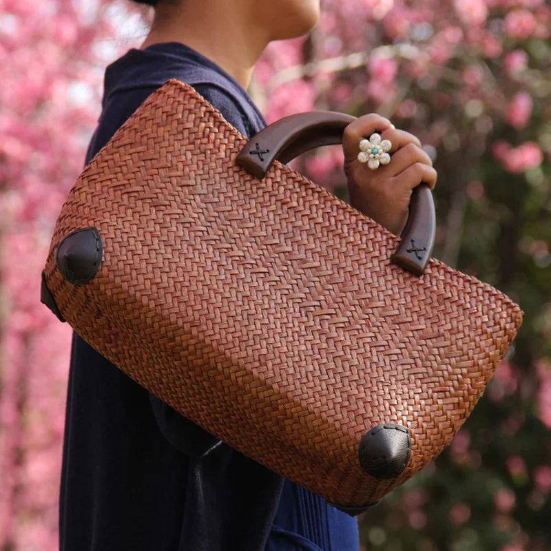 Femlion Woven Rattan Straw Handbag with Wooden Handle