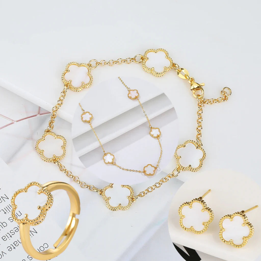 Femlion Luxury Gold Plated Jewelry Set: Five Leaf Petals, Three Leaf Grass