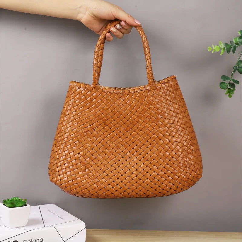 Femlion Hand-Woven Cowhide Leather Basket Bag for Women