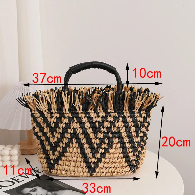 Femlion Retro Straw Bag Tassel Handbag Beach Totes Seaside Holiday Women's Hand-woven