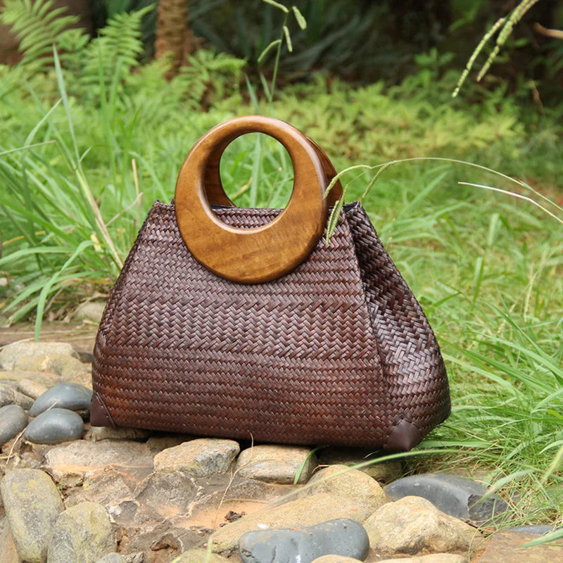 Femlion Woven Rattan Straw Handbag with Wooden Handle