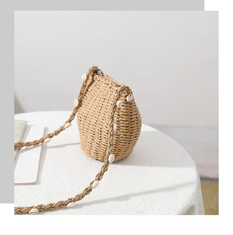 Femlion Seaside Shell Straw Bag Women 2021 Beach Vacation Woven Messenger Crossbody