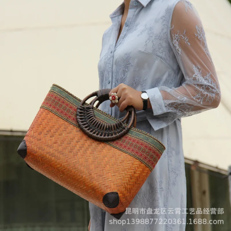 Femlion Bamboo Beach Handbag: Chinese Vintage Woven Tote & Tea Set Storage Bag