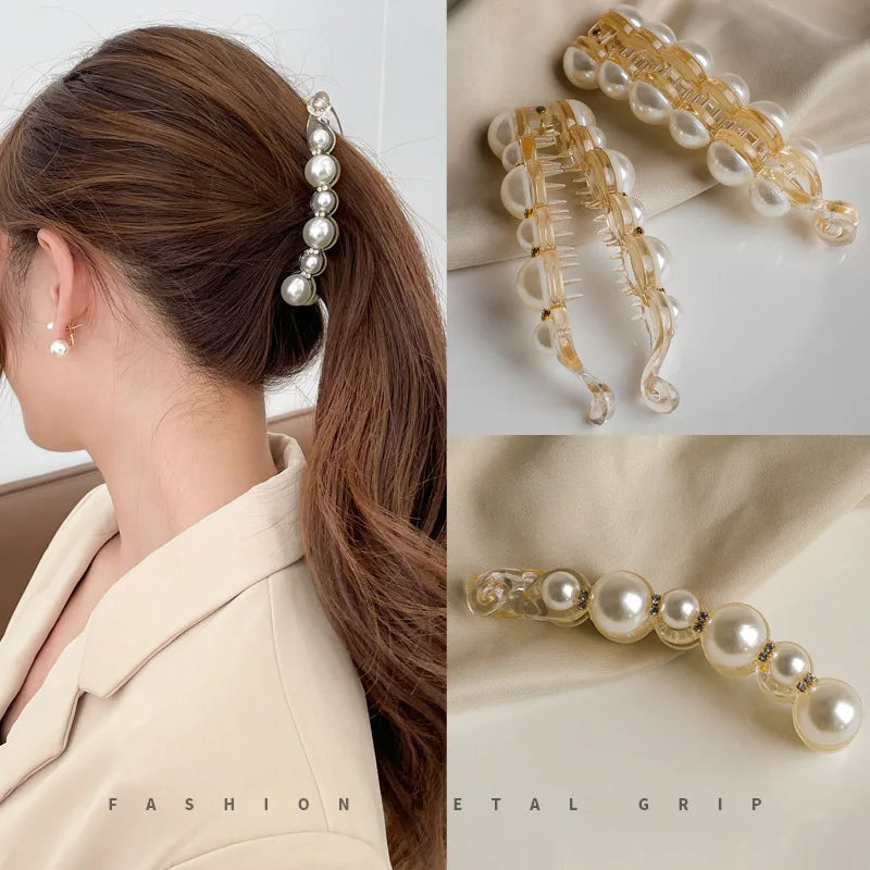 Femlion Elegant Pearl Banana Clip Vertical Twist Hairpin Hair Claw Clamp Headwear