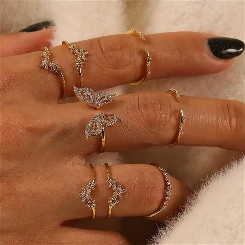 Femlion Boho Crystal Butterfly Flower Rings Set - Elegant Party Jewelry