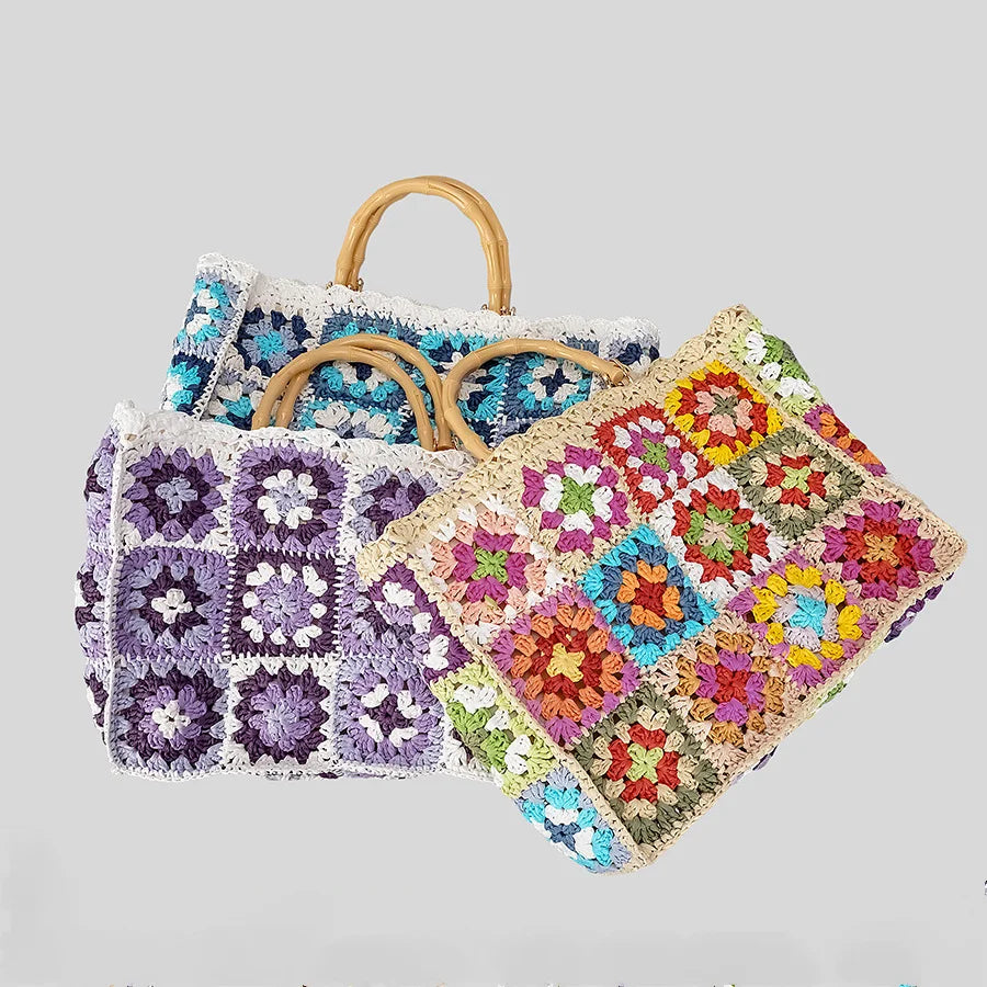 Femlion Boho Granny Square Straw Handbag with Bamboo Handle