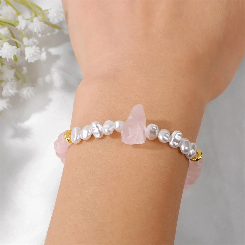 Fluorite & White Pearl Bracelet by Femlion - Natural Stone Stretch Bangle for Women