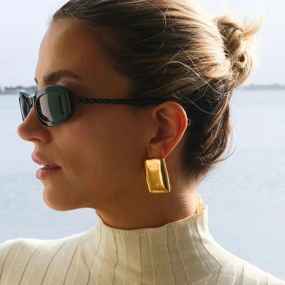 Femlion Geometric Rectangle Earrings - Gold Plated Stainless Steel Statement Jewelry