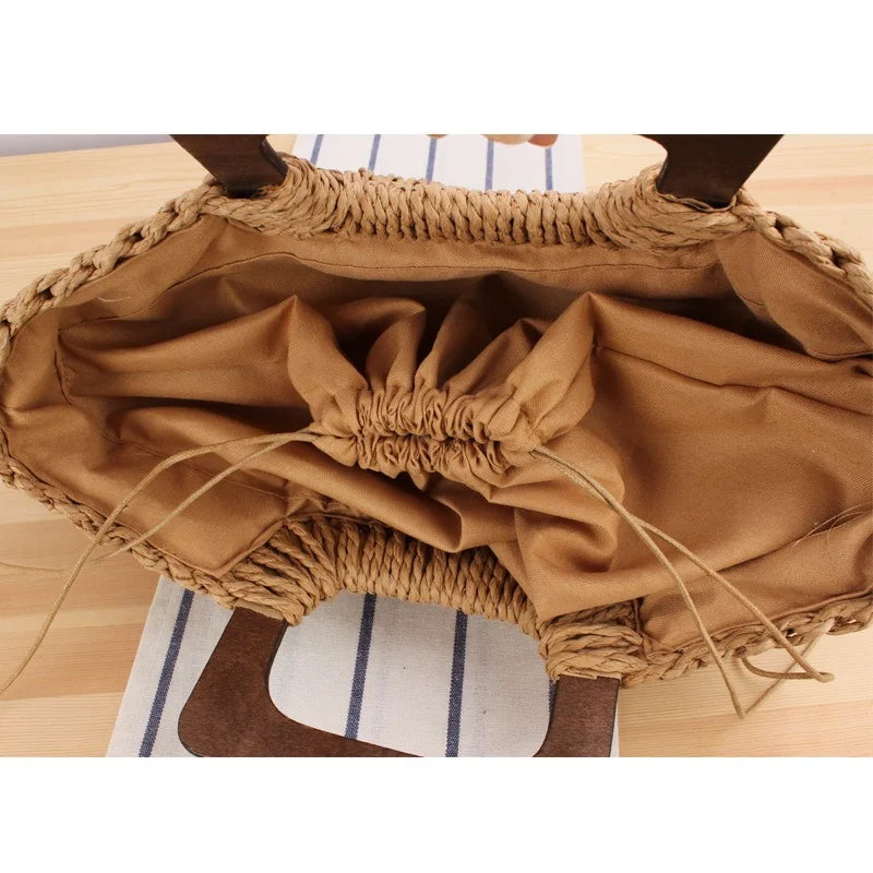 Femlion Sen Series Straw Beach Bag with Wooden Handle