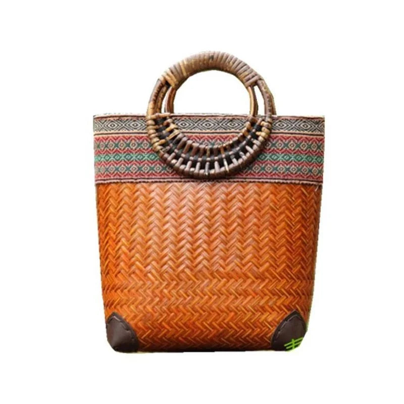 Femlion Woven Bamboo Handbag for Women - Stylish Beach Bag & Casual Purse