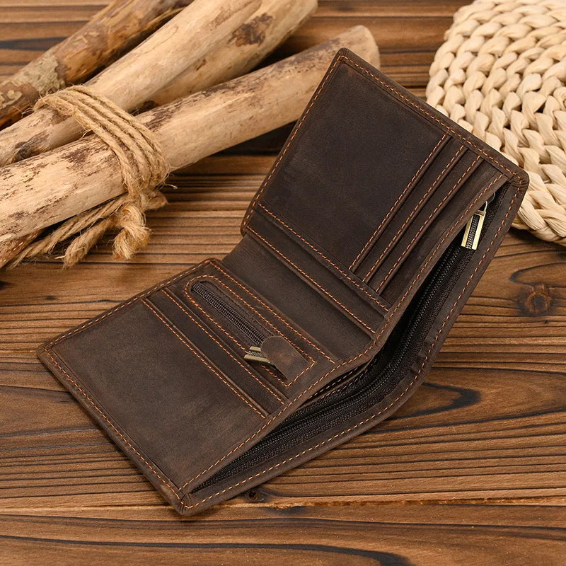 Femlion Men's Vintage Leather Short Wallet: Fashionable Luxury Brand Bussiness Purse