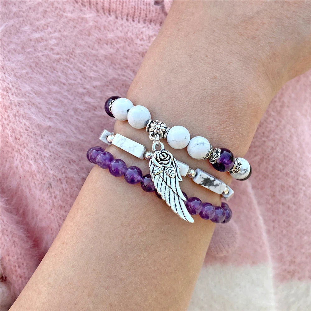 Femlion Wing Charm White Howlite Beads Bracelet Set Female Jewelry