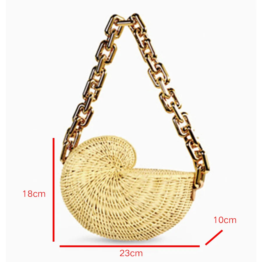 Femlion Conch Shell Rattan Bag with Acrylic Chain Shoulder Strap