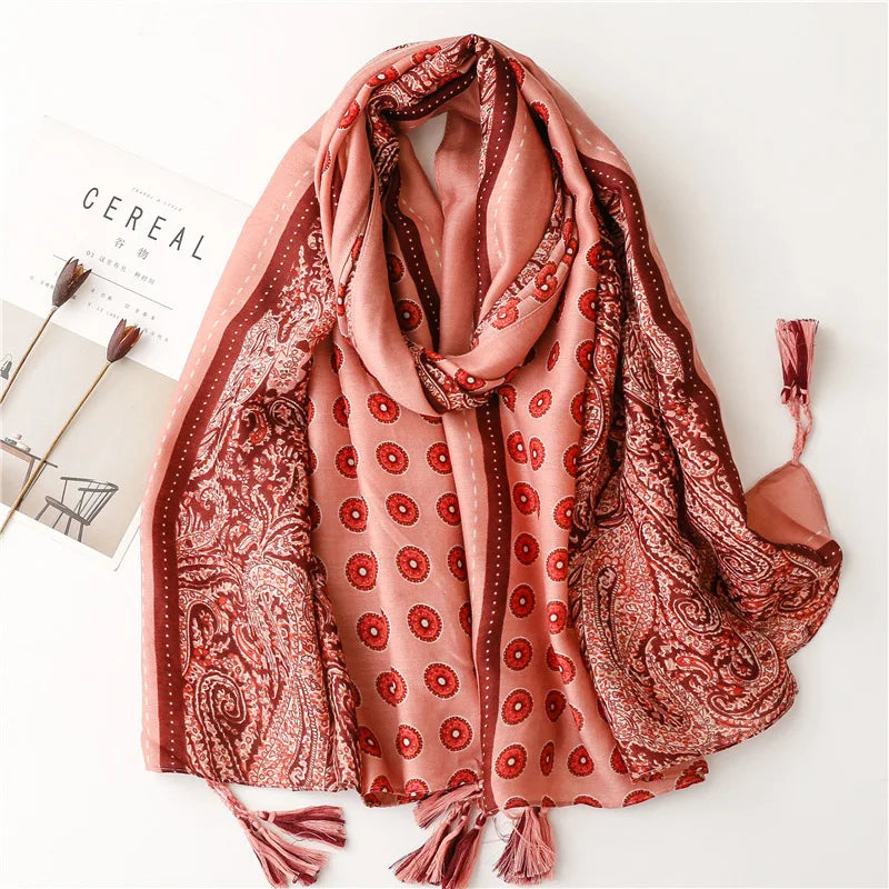 Femlion Spotted Leopard Print Tassel Scarf Shawls - Soft Linen Cotton Luxury Foulard Femme