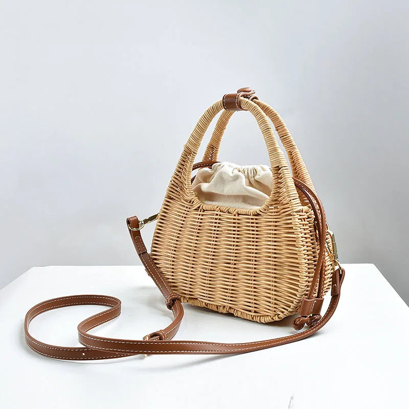 Femlion Retro Rattan Small Shoulder Bag Straw Messenger Bag Women's Portable Handbag